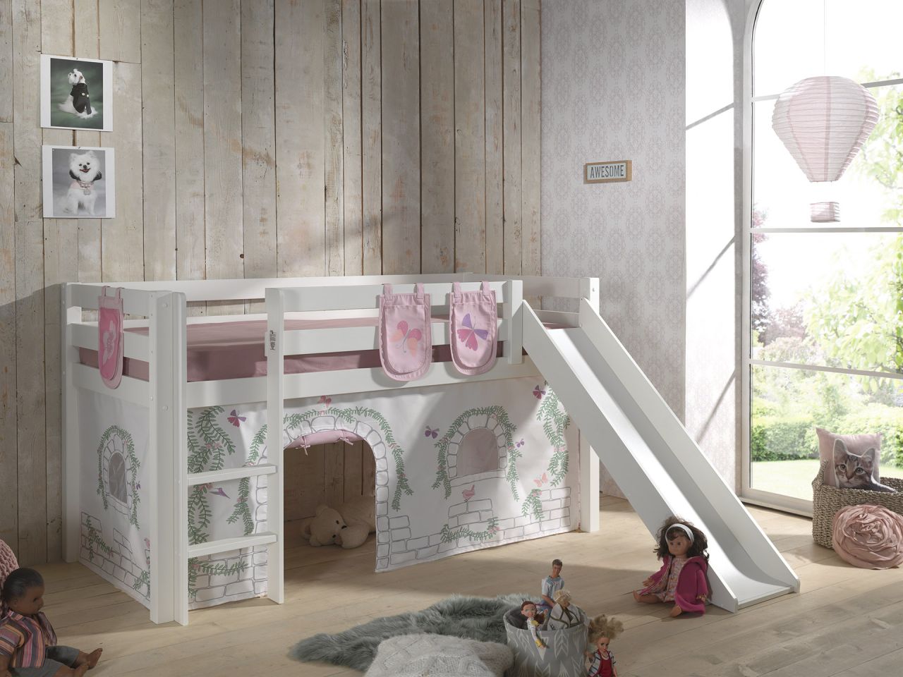 Vipack PINO Spielbett mit Rutsche 90x200 und Vorhang/Taschen Birdy Massiv Weiß