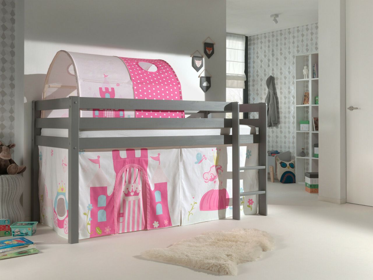 Vipack:Spielbett 'Pino' +Textilset+Tunnel -Jugend/Kinderbett Hochbett Prinzessin