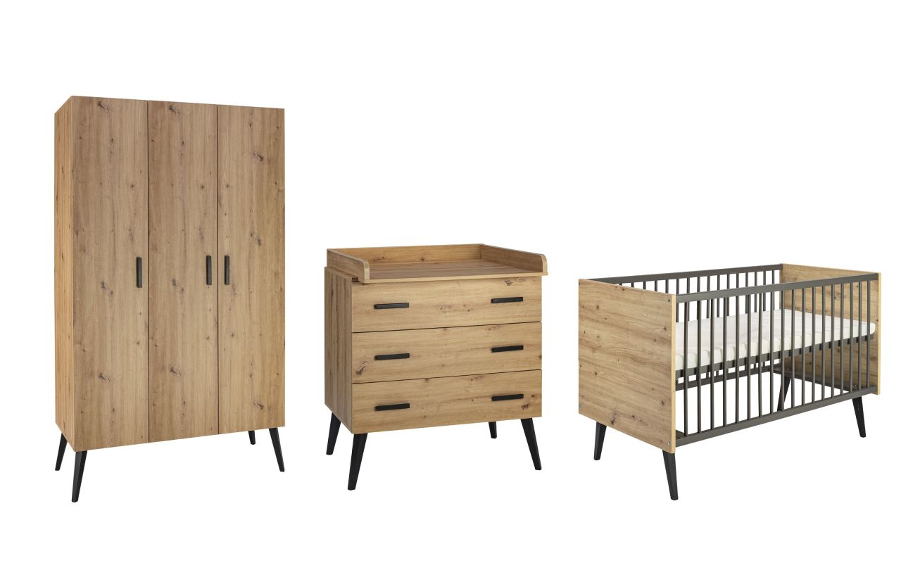 Set Kinderbett Umbauseiten Wickelkommode Schrank 3T Babyzimmer Kinderzimmer Oak