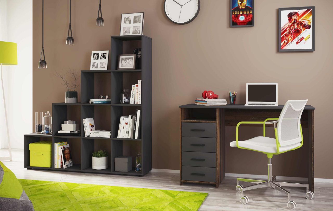 Set: Treppenregal und Schreibtisch für Jugendzimmer Büro-Old Style Anthrazit