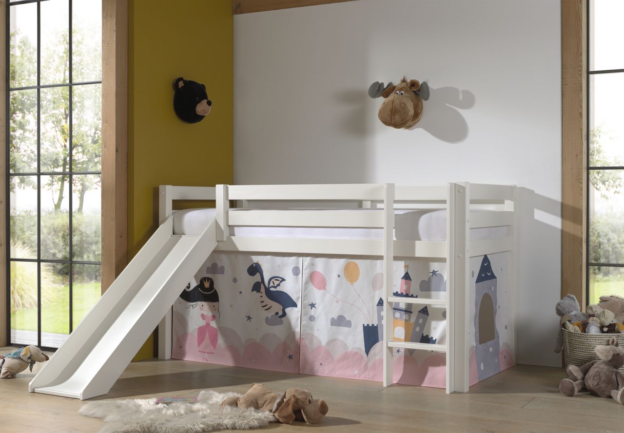 Vipack:'Pino' Halbhohes Bett mit Rutsche+Textilset 'Princess Sophie'-Weiß