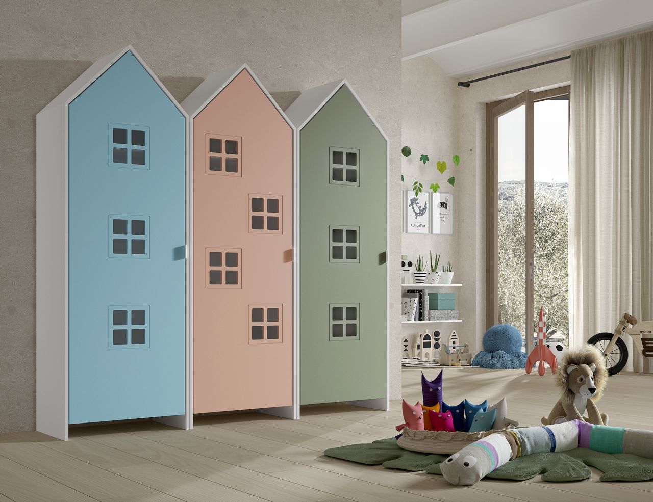 Set: 3 Schränke 1T CASAMI BRUGES Jugendschrank Wäscheschrank Weiß Blau Pink Grün