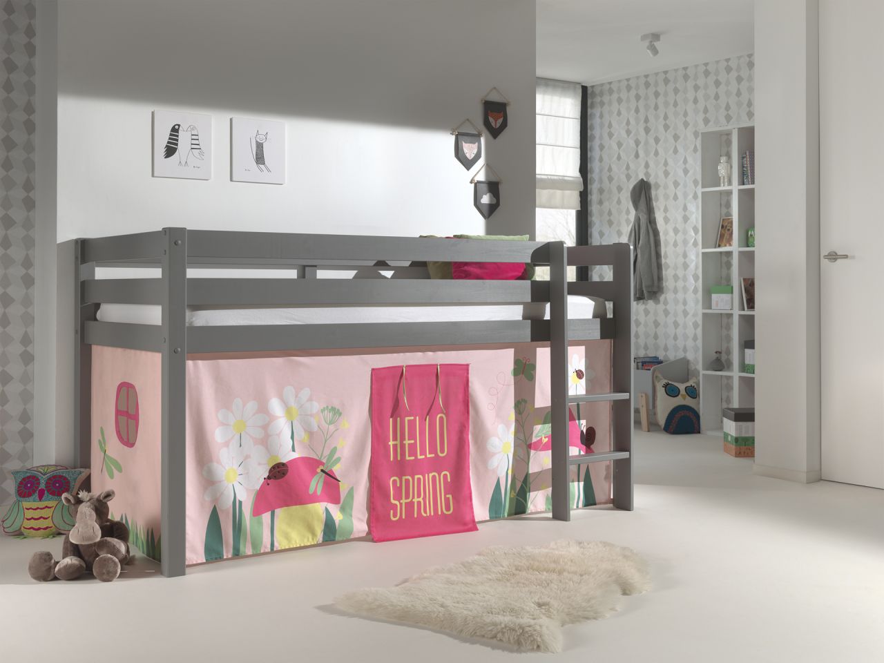 Vipack:Spielbett 'Pino' mit Textilset- Jugend/Kinderbett Hochbett Grau Rosa Pink
