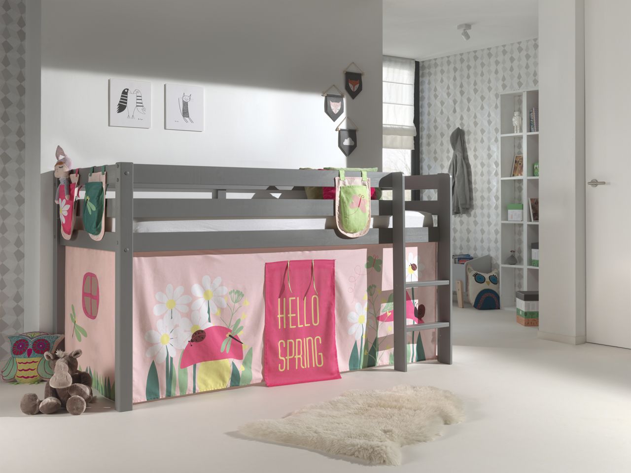 Vipack:Spielbett 'Pino' mit Textilset+Taschen - Jugend/Kinderbett Hochbett Grau