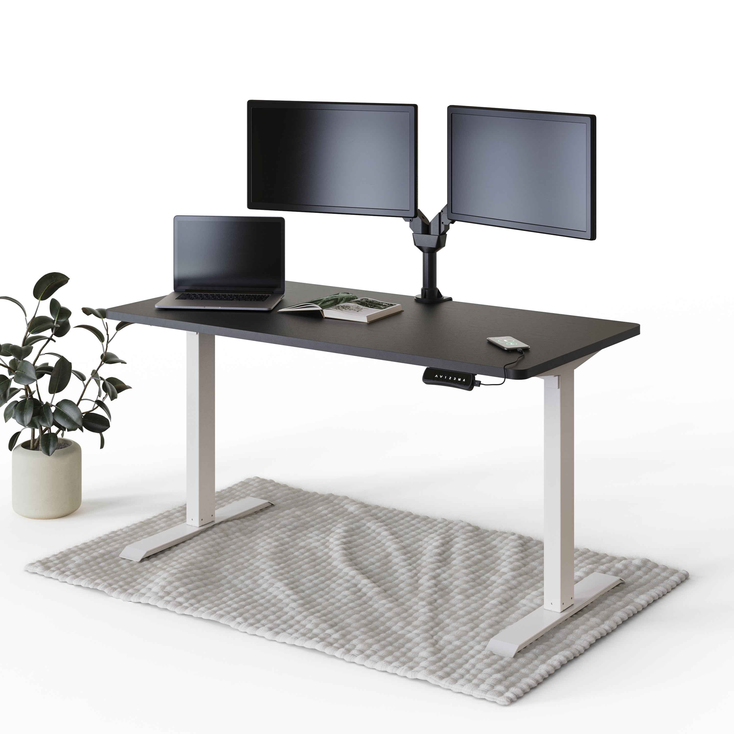 DESQUP® PRO Elektrisch höhenverstellbarer Schreibtisch | +140x70 cm Schwarze Tischplatte | Weißes elektrisches Gestell mit Ladebuchse