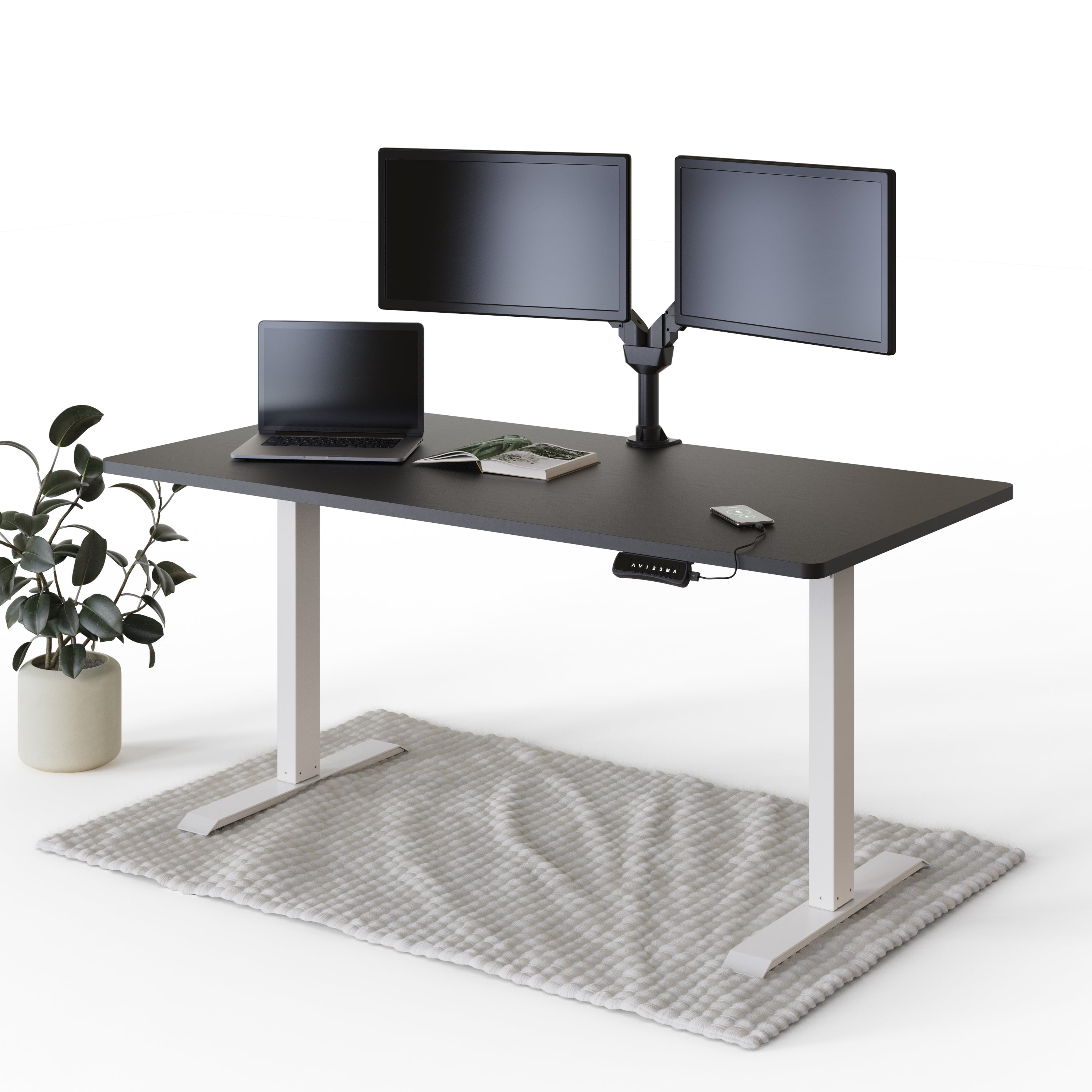DESQUP® PRO Elektrisch höhenverstellbarer Schreibtisch | +160x80 cm Schwarze Tischplatte | Weißes elektrisches Gestell mit Ladebuchse