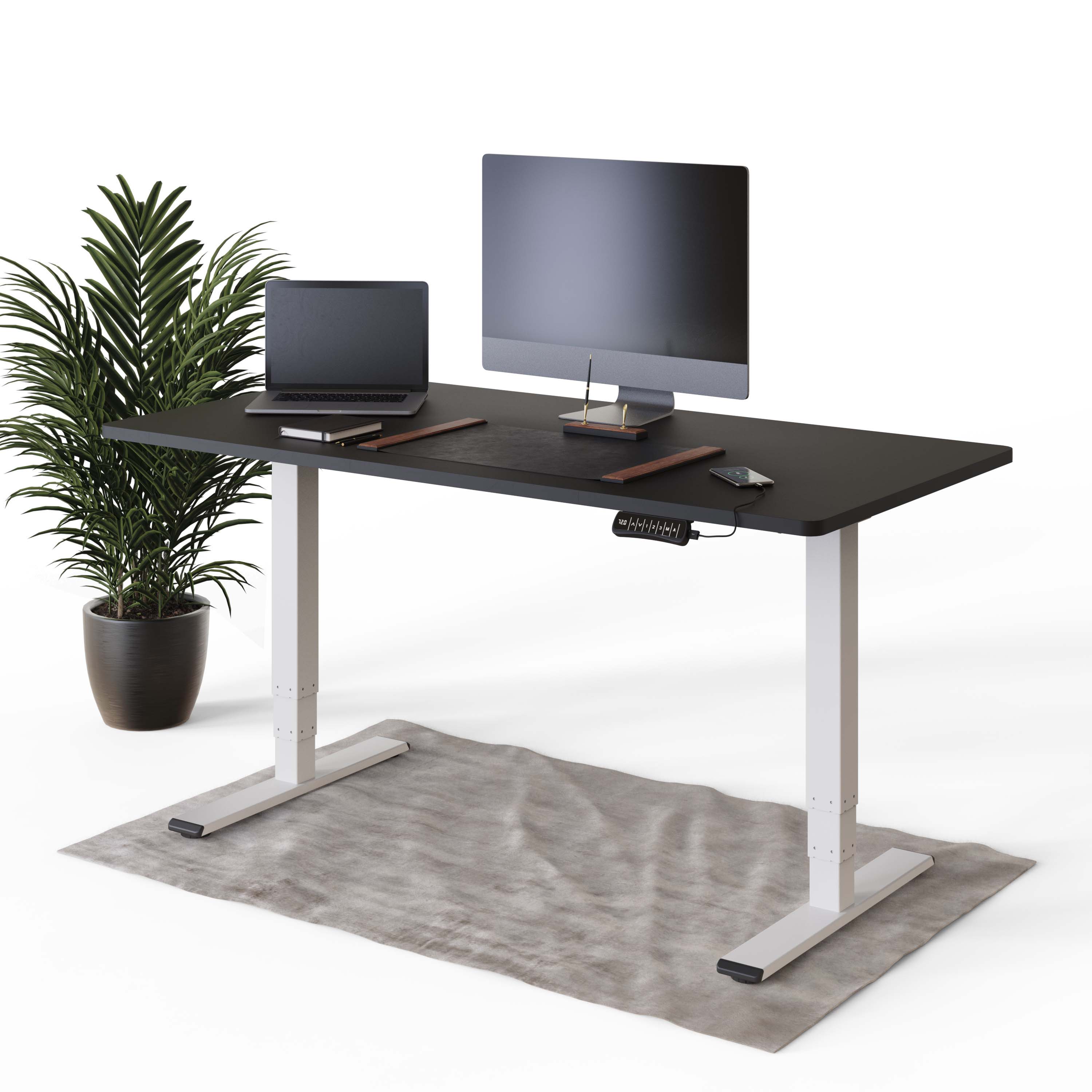 DESQUP® PRO PLUS Elektrisch höhenverstellbarer Schreibtisch | +160x80 cm Schwarze Tischplatte | Weißes elektrisches Gestell