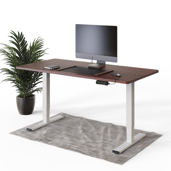 DESQUP® PRO PLUS Elektrisch höhenverstellbarer Schreibtisch | +160x80 cm Mahagoni Tischplatte | Weißes elektrisches Gestell