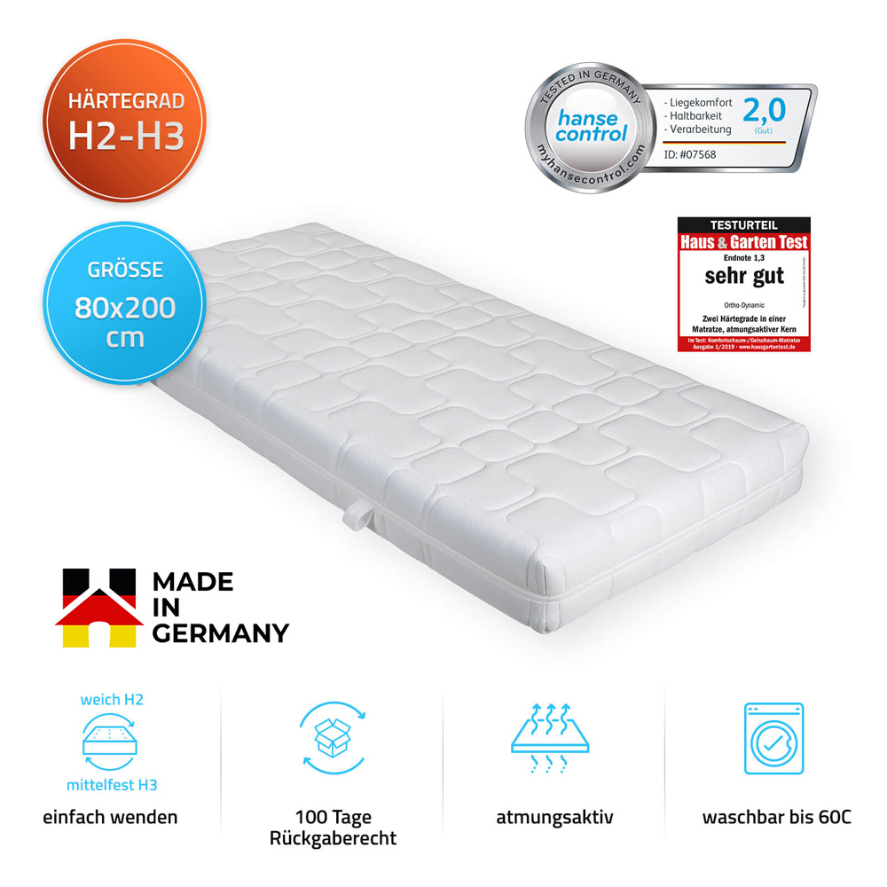 Home Deluxe Matelas ORTHO DYNAMIC - 80 x 200 cm souple-moyennement ferme Made in Germany