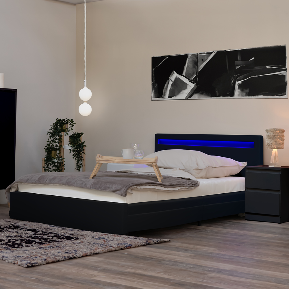 Home Deluxe Lit LED avec tiroirs et matelas NUBE - 180 x 200 cm noir
