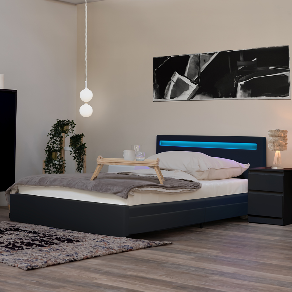 Home Deluxe Lit LED avec tiroirs et matelas NUBE - 180 x 200 cm gris foncé