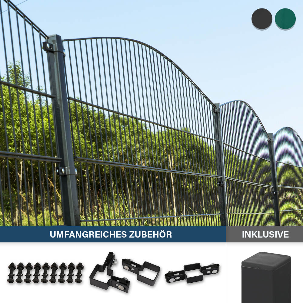 Home Deluxe Clôture à double barre de fer Clôture décorative montagne avec poteaux d'angle Anthracite/vert MORATA - 200 cm x 26m 1x poteau d'angle