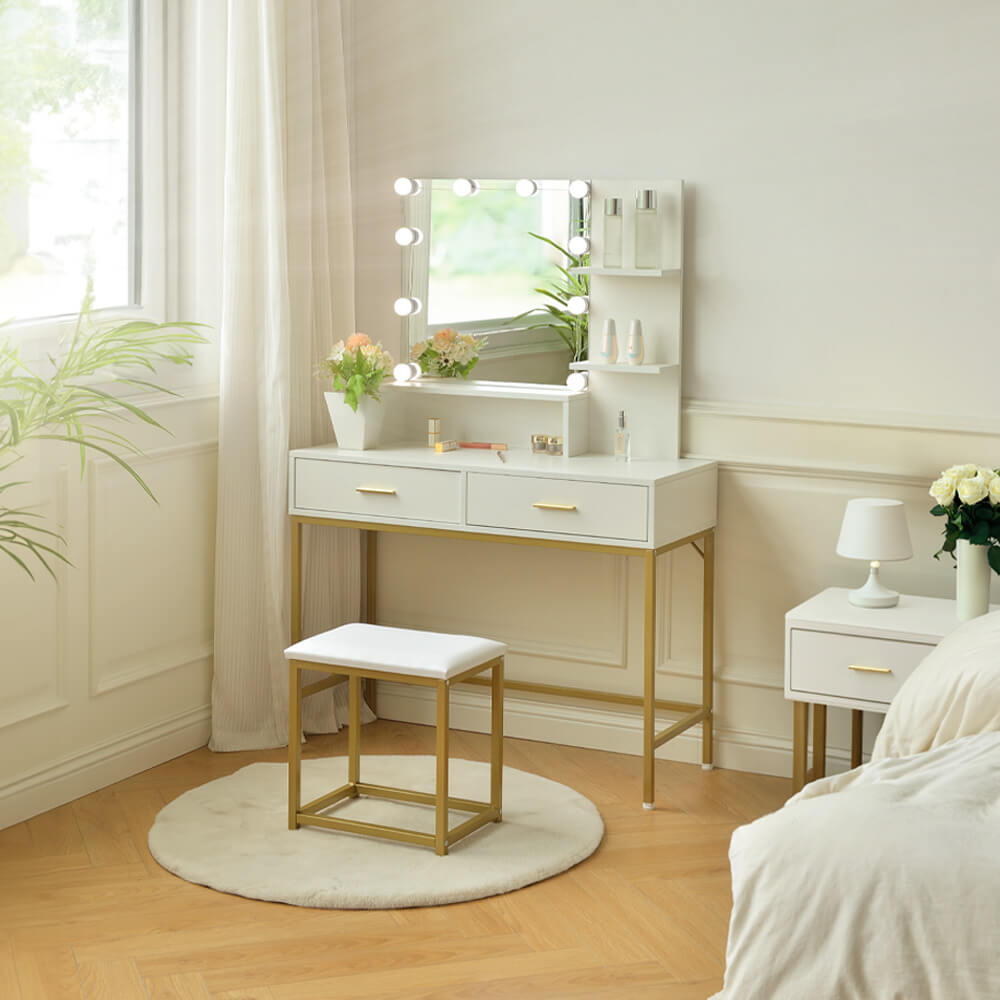 Home Deluxe Coiffeuse avec miroir et éclairage LED KASIA - Blanc/Doré
