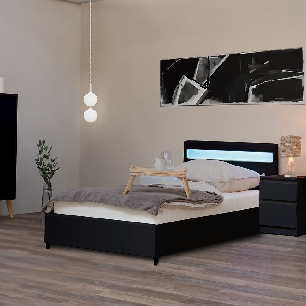 Home Deluxe Lit LED avec tiroirs et matelas NUBE - 90 x 200 cm noir