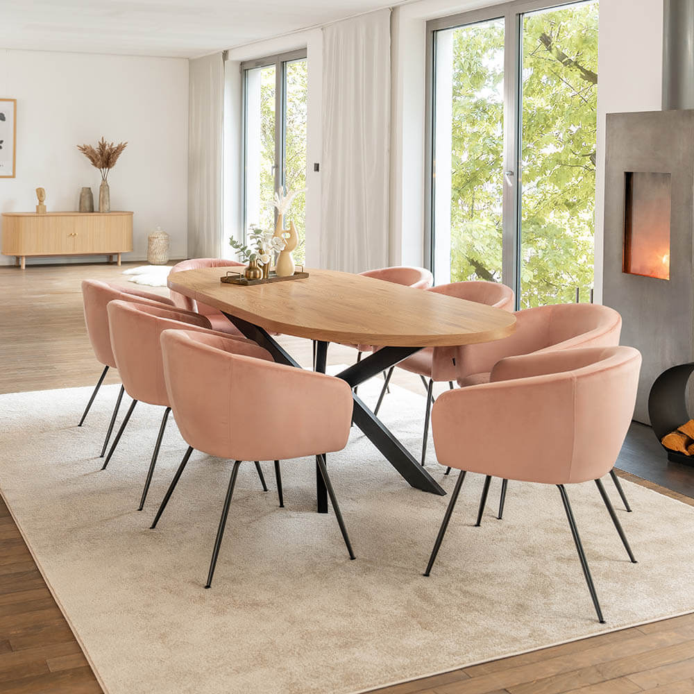 Home Deluxe Salle à manger Ovale Extensible incl. pied étoile - 160 x 100 cm Light Oak 8 chaises Rose