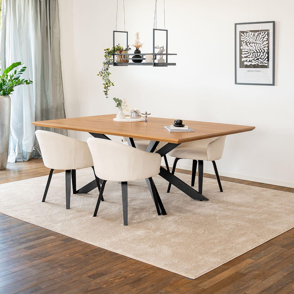 Home Deluxe Table d'angle AVENCIA avec pied en étoile - 200 x 120 cm Light Oak 4 chaises Bouclé blanc