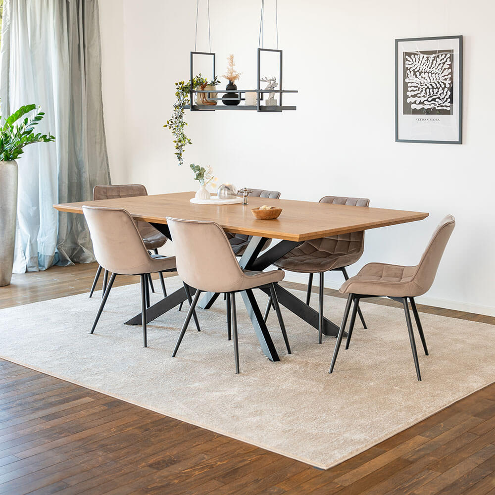 Home Deluxe Table d'angle AVENCIA avec pied en étoile - 200 x 120 cm Light Oak 6 chaises marron clair