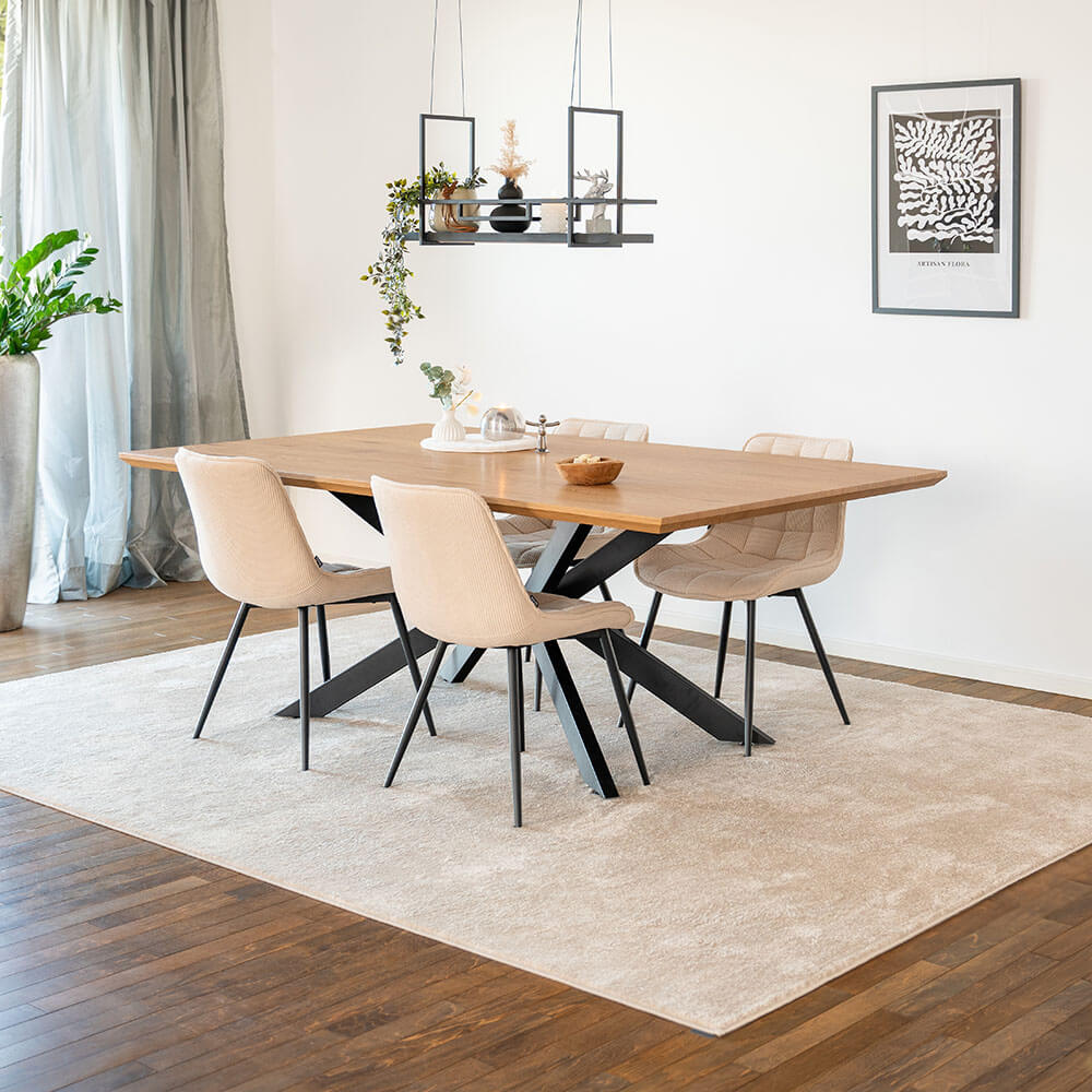 Home Deluxe Table d'angle AVENCIA avec pied en étoile - 200 x 120 cm Light Oak 4 chaises Crème