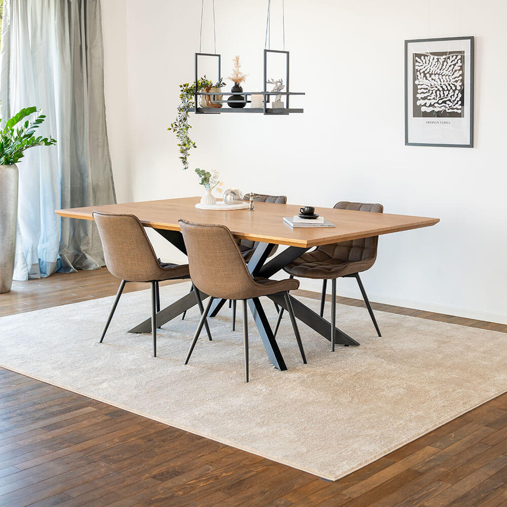 Home Deluxe Table d'angle AVENCIA avec pied en étoile - 200 x 120 cm Light Oak 4 chaises Gris