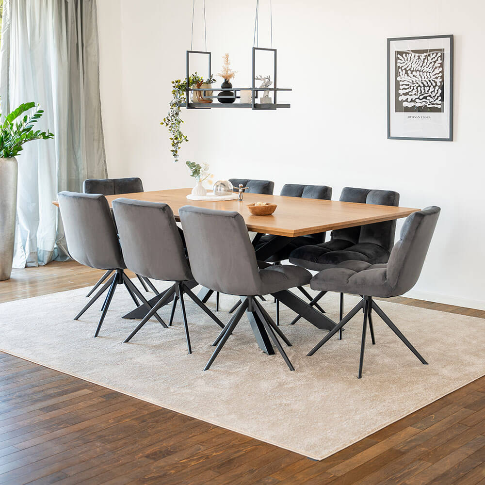 Home Deluxe Table d'angle AVENCIA avec pied en étoile - 200 x 120 cm Light Oak 8 chaises