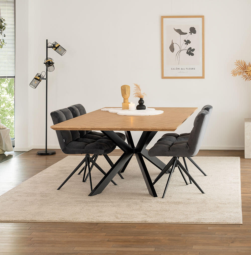 Home Deluxe Table d'angle AVENCIA avec pied en étoile - 200 x 120 cm Fishbone Oak 4 chaises gris clair