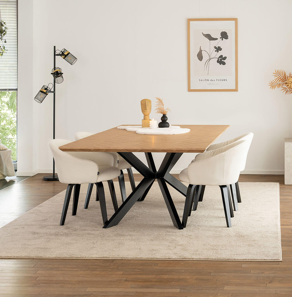 Home Deluxe Table d'angle AVENCIA incl. pied étoile - 200 x 120 cm Fishbone Oak 4 chaises Bouclé Blanc