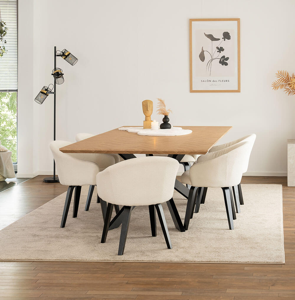 Home Deluxe Table d'angle AVENCIA incl. pied étoile - 200 x 120 cm Fishbone Oak 6 chaises Bouclé Blanc