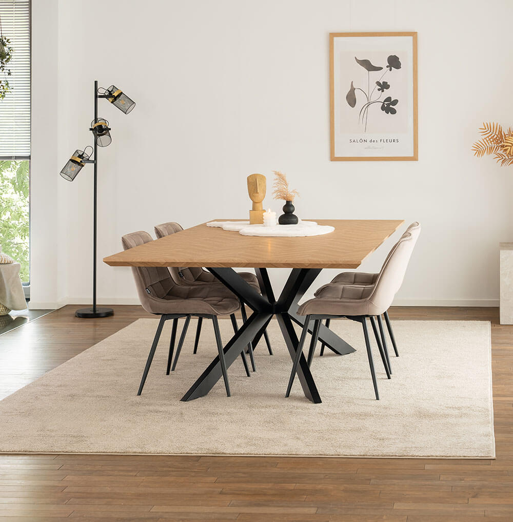 Home Deluxe Table d'angle AVENCIA avec pied en étoile - 200 x 120 cm Fishbone Oak 4 chaises marron clair