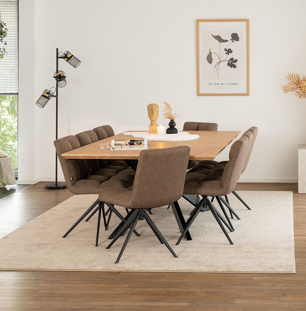 Home Deluxe Table d'angle AVENCIA avec pied en étoile - 200 x 120 cm Fishbone Oak 8 chaises Gris