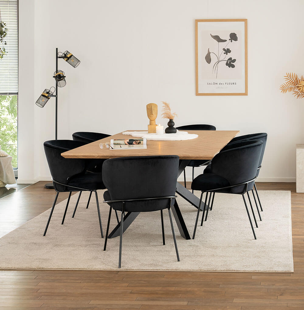 Home Deluxe Table d'angle AVENCIA avec pied en étoile - 200 x 120 cm Fishbone Oak 6 chaises