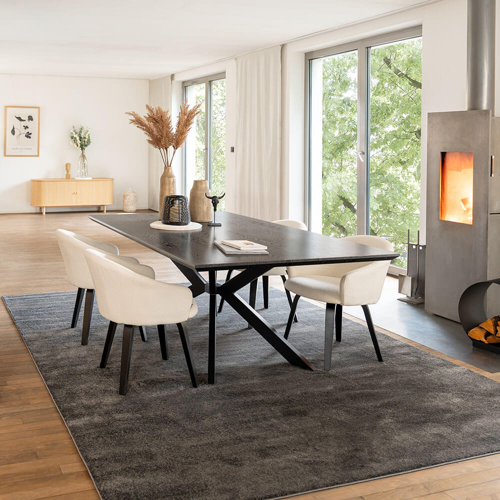 Home Deluxe Table d'angle AVENCIA incl. pied étoile - 200 x 120 cm Dark Oak 4 chaises Bouclé Blanc