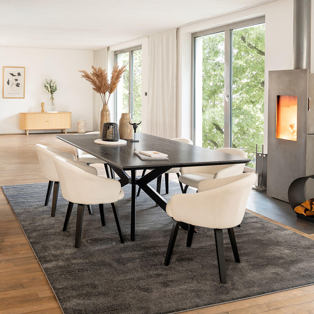 Home Deluxe Table d'angle AVENCIA incl. pied étoile - 200 x 120 cm Dark Oak 6 chaises Bouclé Blanc