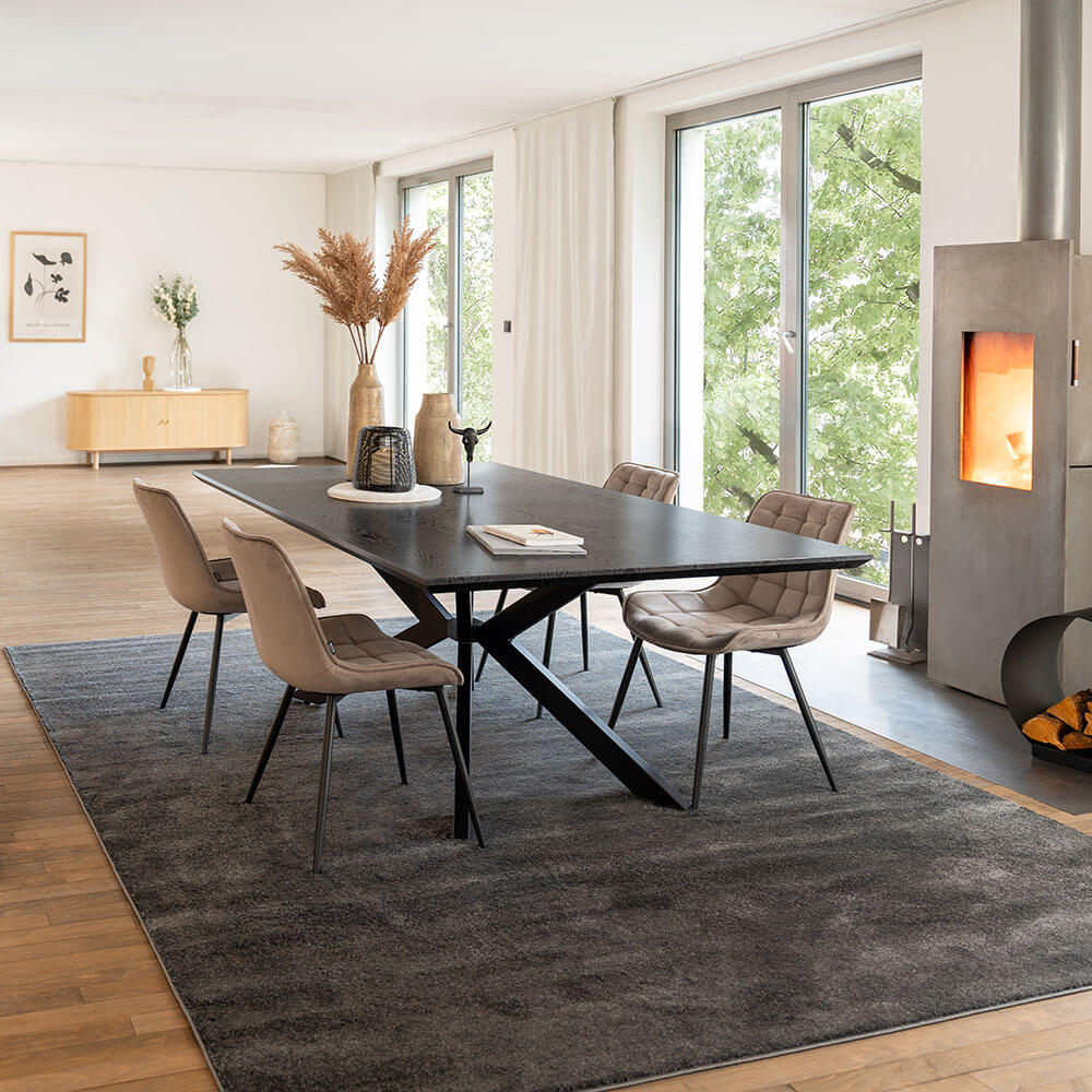 Home Deluxe Table d'angle AVENCIA avec pied en étoile - 200 x 120 cm chêne foncé 4 chaises marron clair