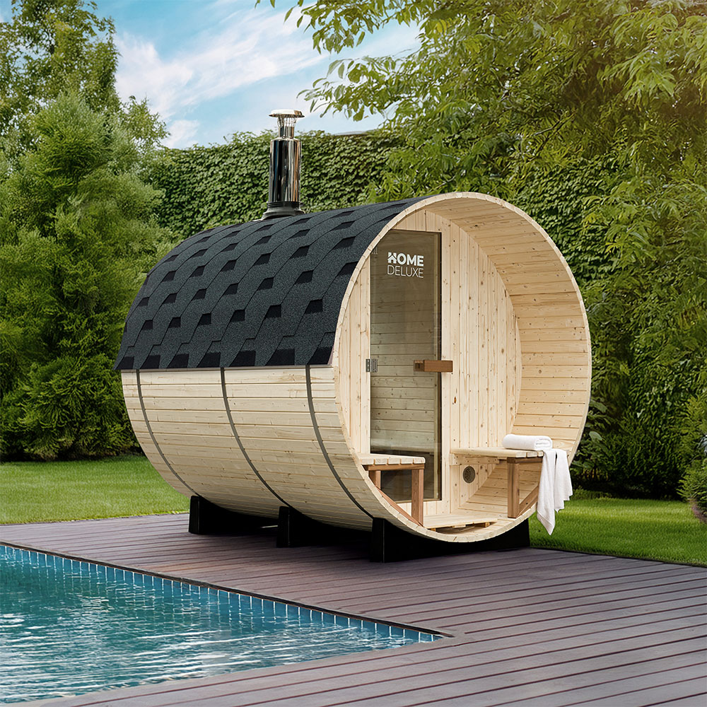 Home Deluxe Sauna à tonneau avec poêle à bois LAGOM DELUXE - ⌀ 210 x 240 cm pour 4-6 personnes