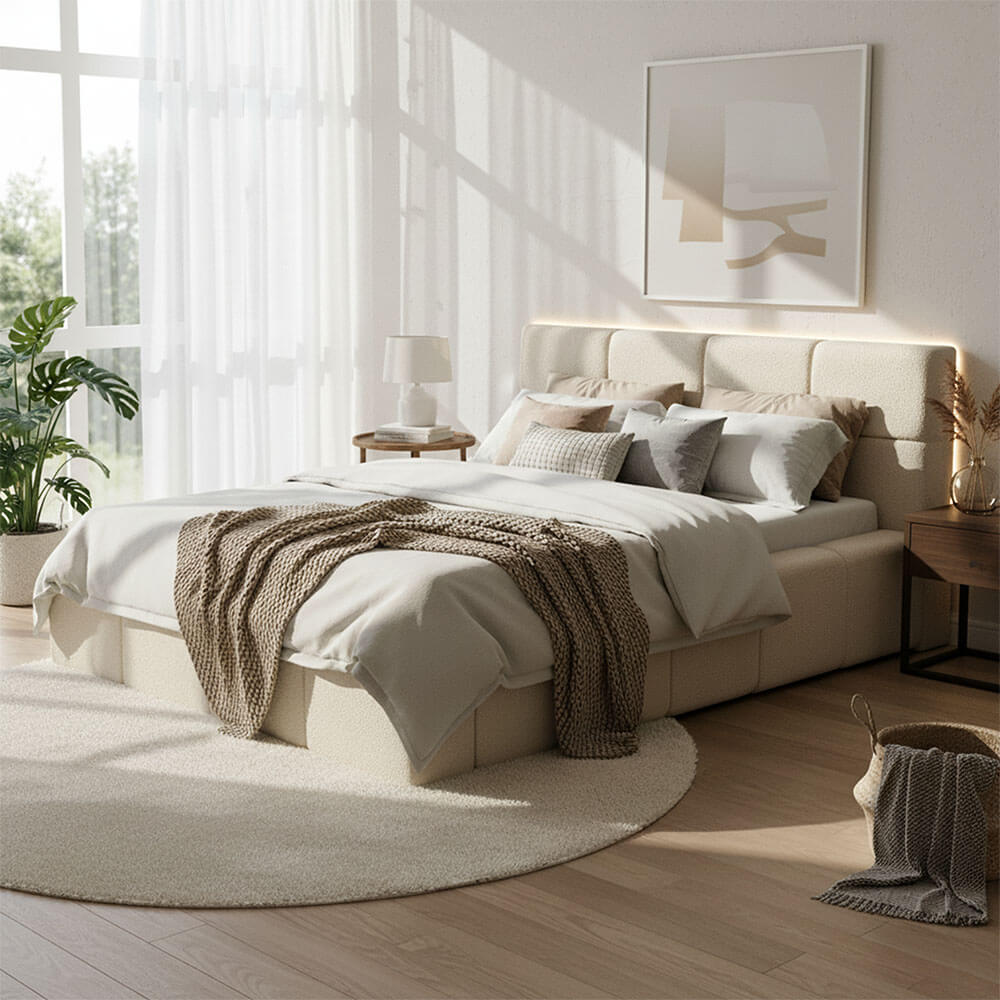 Lit LED en tissu Teddy avec rangement GALA - Beige, 140 x 200 cm matelas inclus