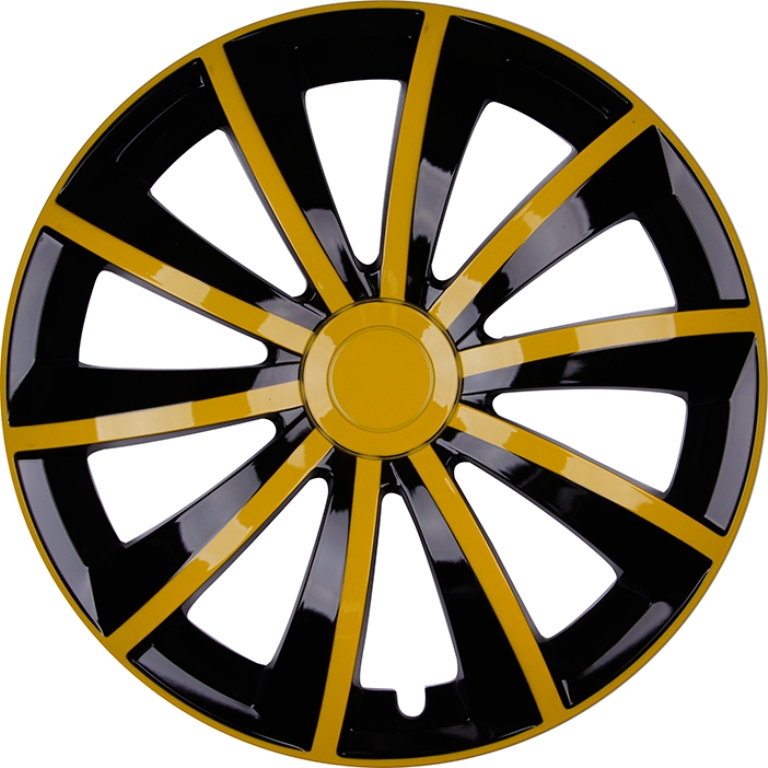 4x PREMIUM DESIGN Radkappen Radzierblenden Set Gral 14 ZOLL in Gelb / Schwarz