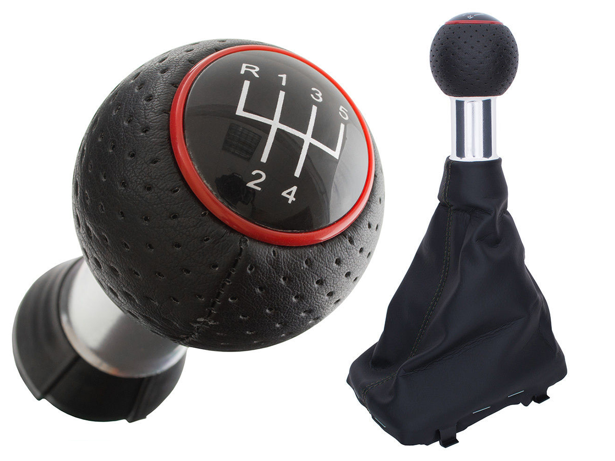 PREMIUM Schaltknauf Loch-Leder Alu Schwarz Ring Rot 5-Gang für Audi A3 S3 8L