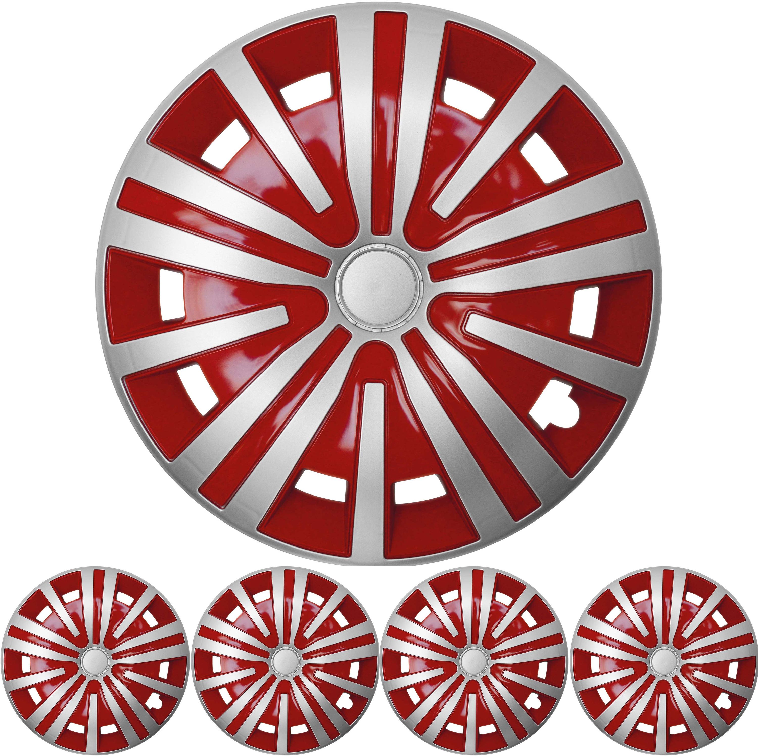 4x PREMIUM DESIGN Radkappen Radzierblenden Set Spinel 15 ZOLL in Silber / Rot