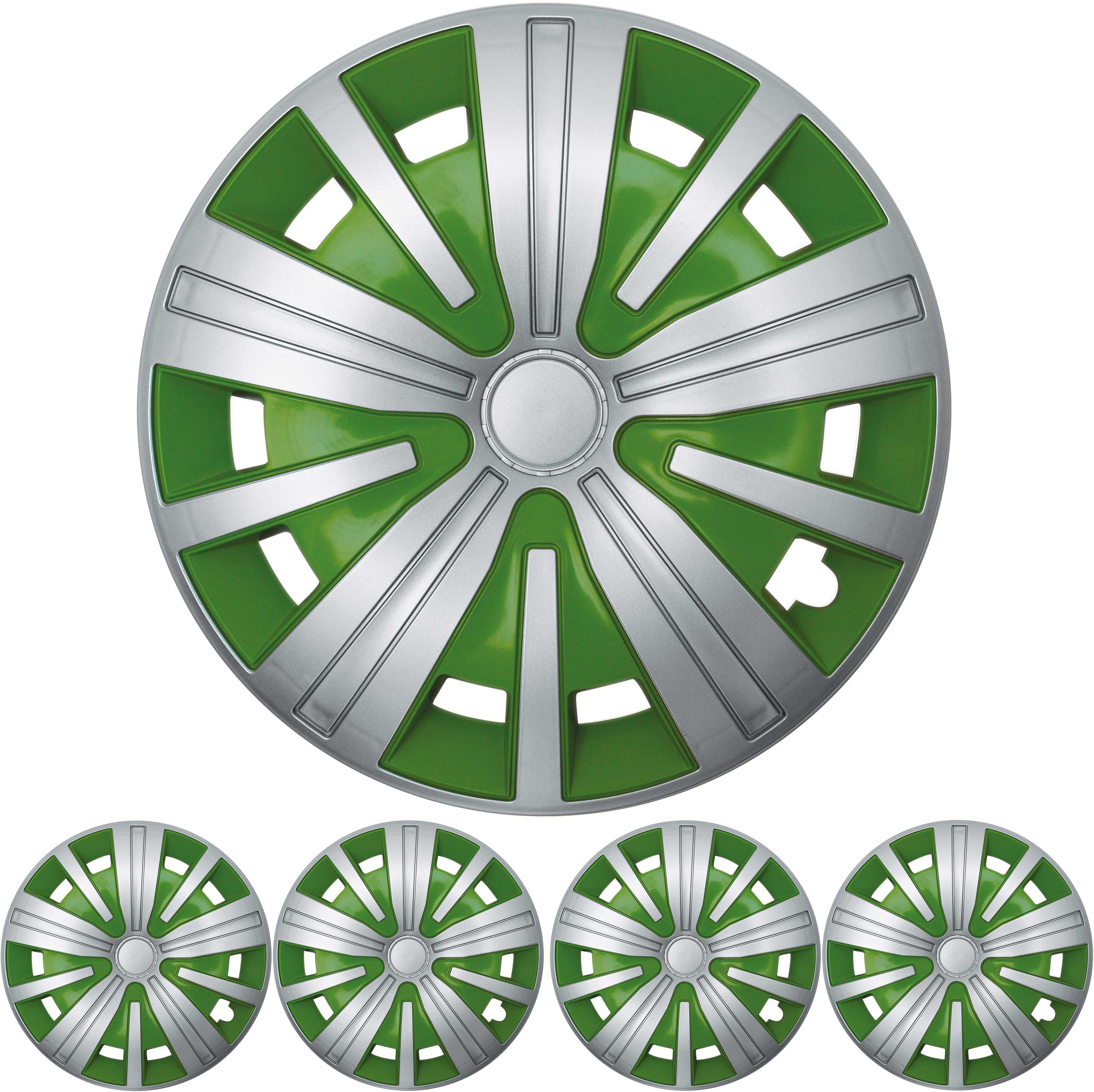 4x PREMIUM DESIGN Radkappen Radzierblenden 'Spinel BIS' 15 ZOLL in Silber / Grün