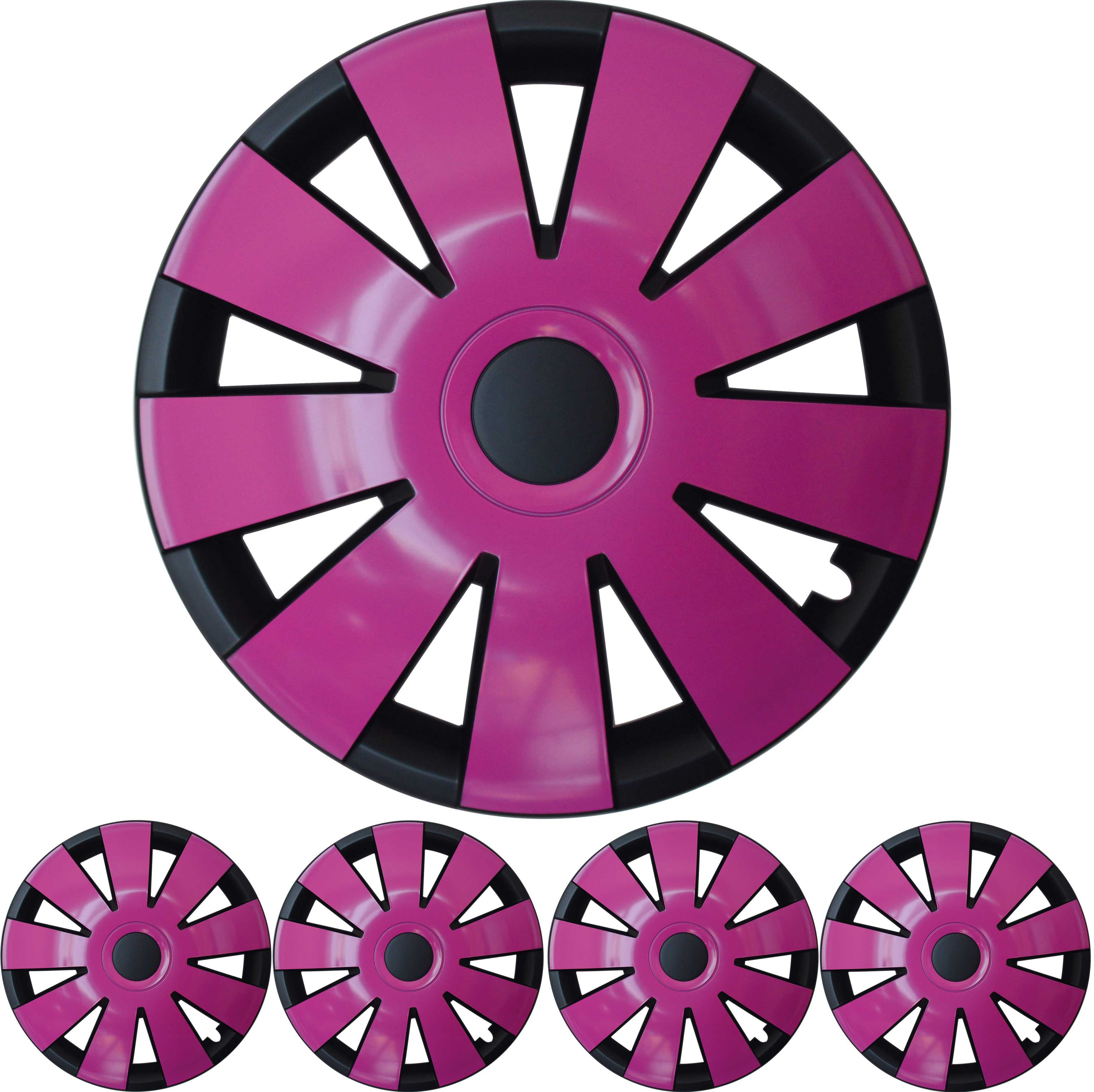 4x PREMIUM DESIGN Radkappen Radzierblenden 15 ZOLL 'Nefryt' in Schwarz / Pink