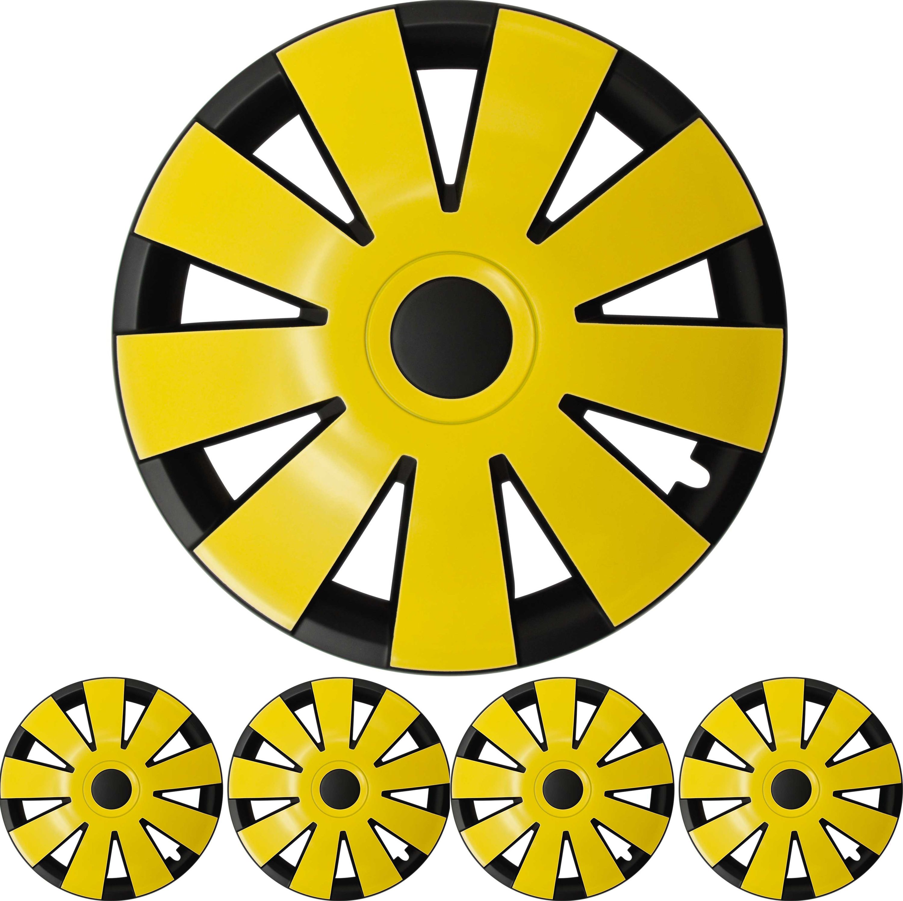4x PREMIUM DESIGN Radkappen Radzierblenden 15 ZOLL 'Nefryt' in Schwarz / Gelb