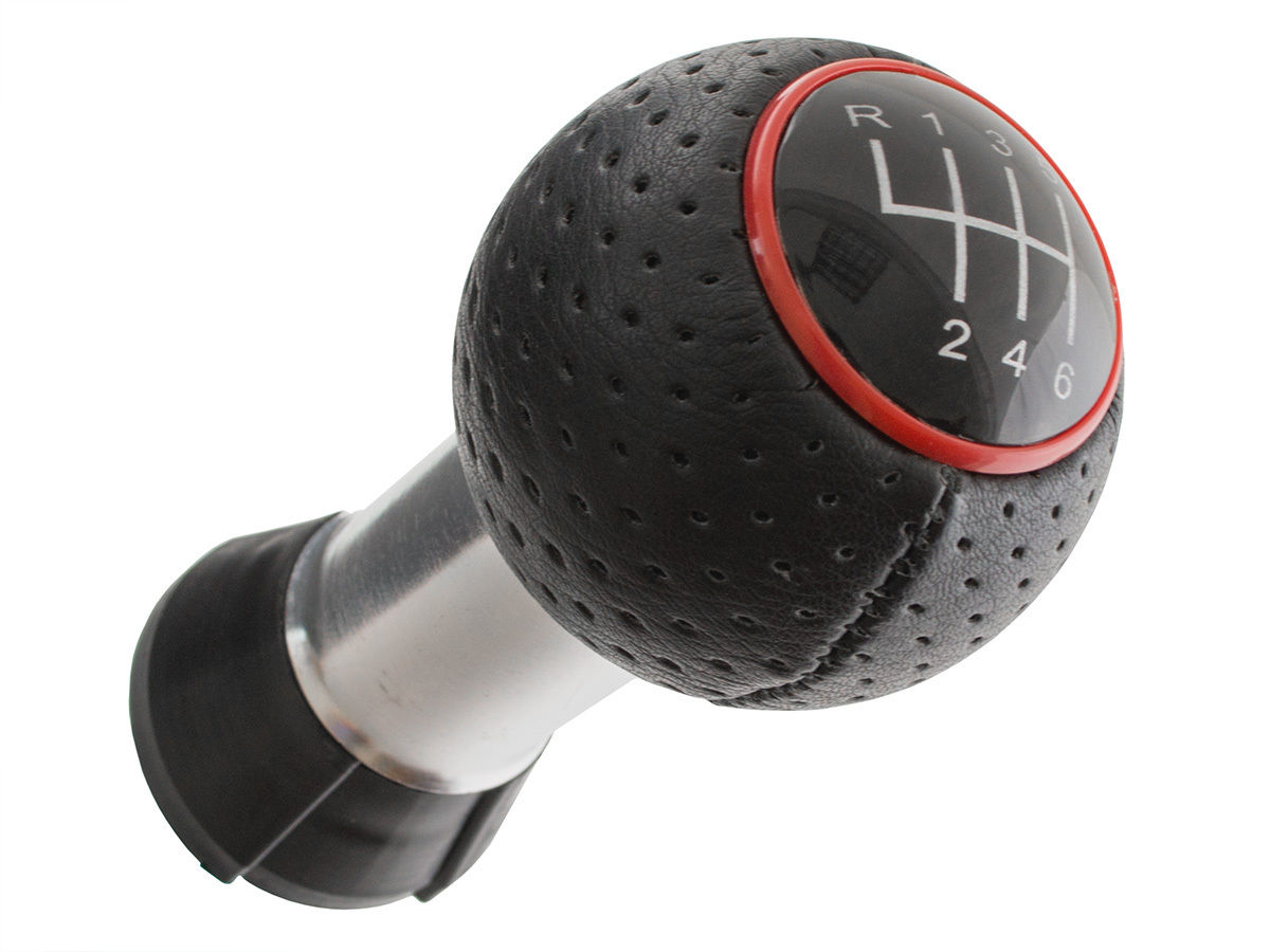 Schaltknauf Knauf Alu Schwarz Loch Leder Ring Rot in 6-Gang für viele Fahrzeuge