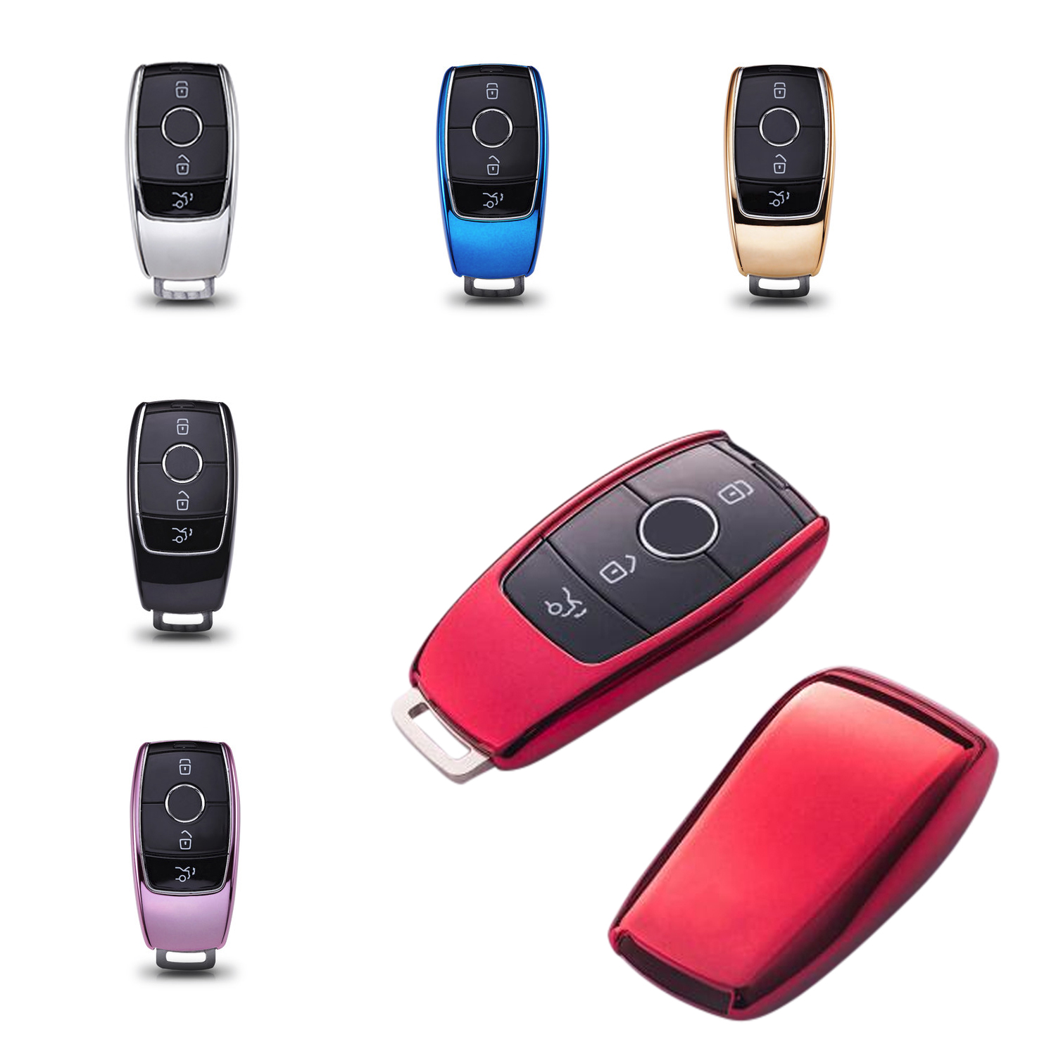 Schlüssel Hülle Gehäuse Cover für Mercedes Modelle ab 2016- Blau Rot Chrom Gold