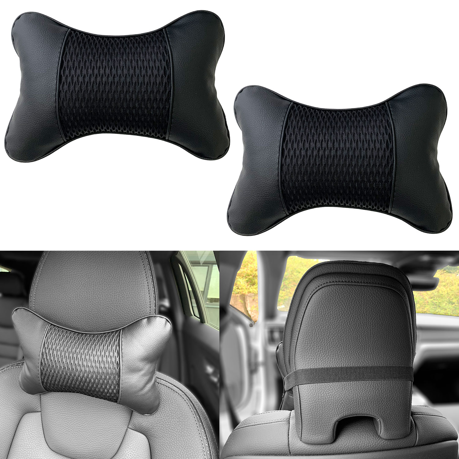 2x Auto Kopfstützen SCHWARZ Nackenkissen Kopf Reise Kissen für viele Fahrzeuge