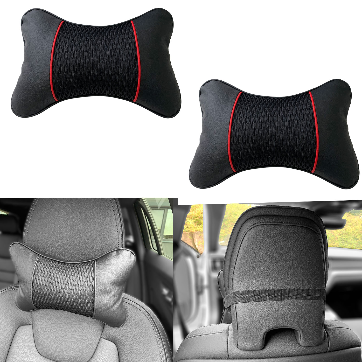 2x Auto Kopfstützen SCHWARZ ROT Nackenkissen Kopf Reise Kissen viele Fahrzeuge