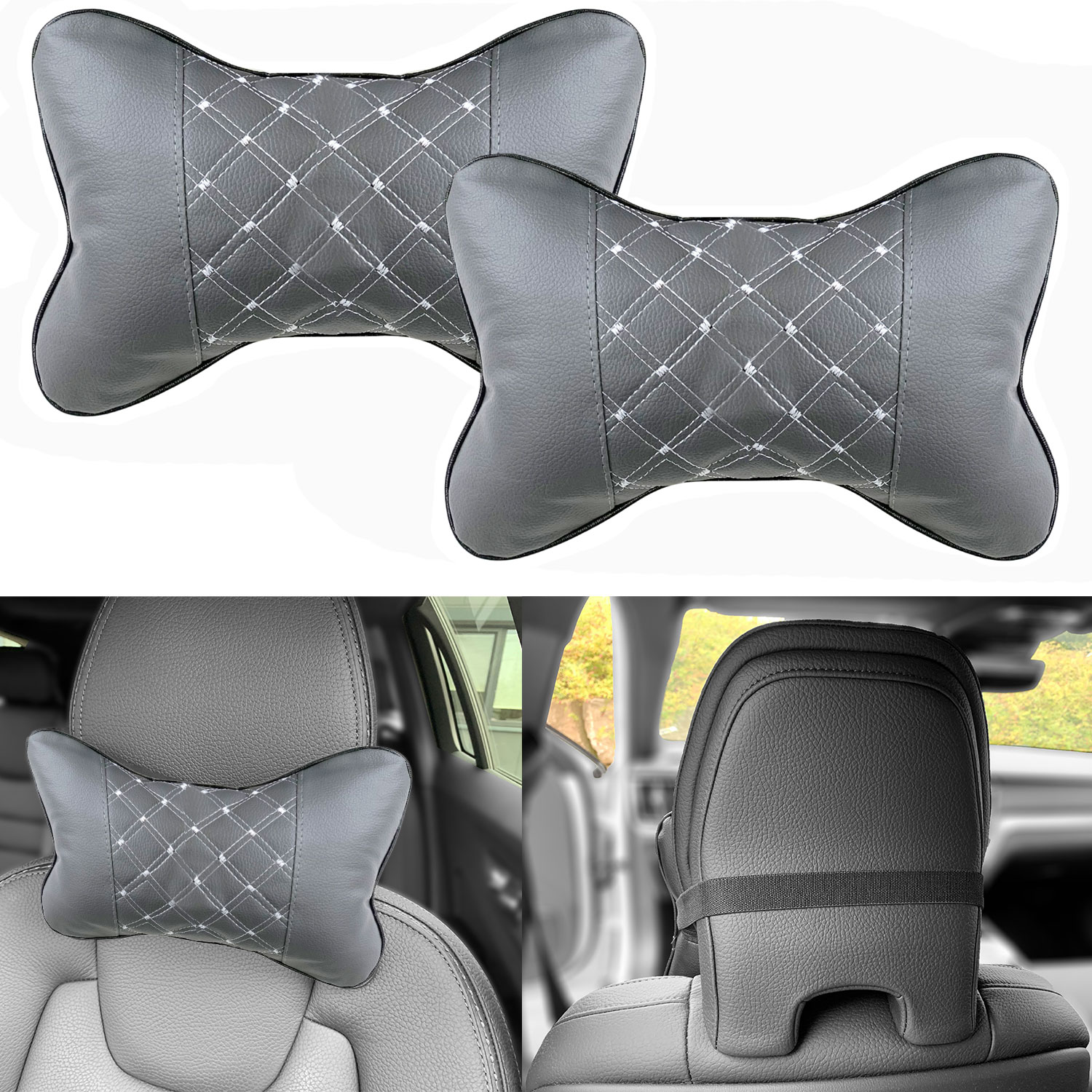 2x Auto Kopfstützen GRAU Weiß Nackenkissen Kopf Reise Kissen für viele Fahrzeuge