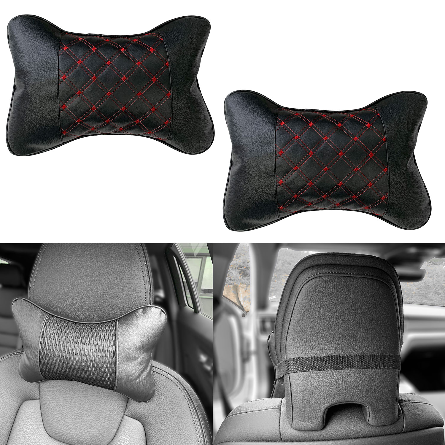 2x Auto Kopfstützen SCHWARZ ROT Nackenkissen Kopf Reise Kissen viele Fahrzeuge