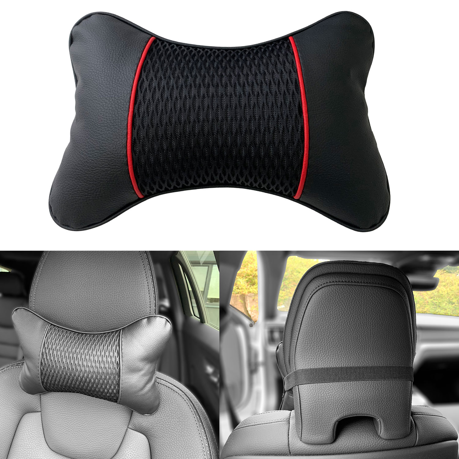 1x Auto Kopfstützen Nackenkissen Kopf Reise SCHWARZ ROT Kissen viele Fahrzeuge