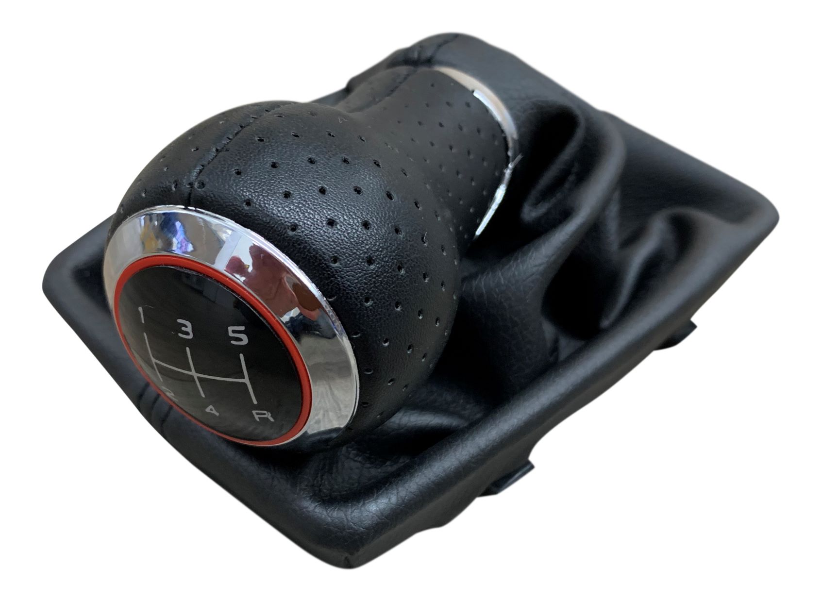 Schaltknauf + Schaltmanschette in Schwarz / Chrom 5-Gang (R-Gang Rechts unten) Ring Rot für Audi A4 8E B6