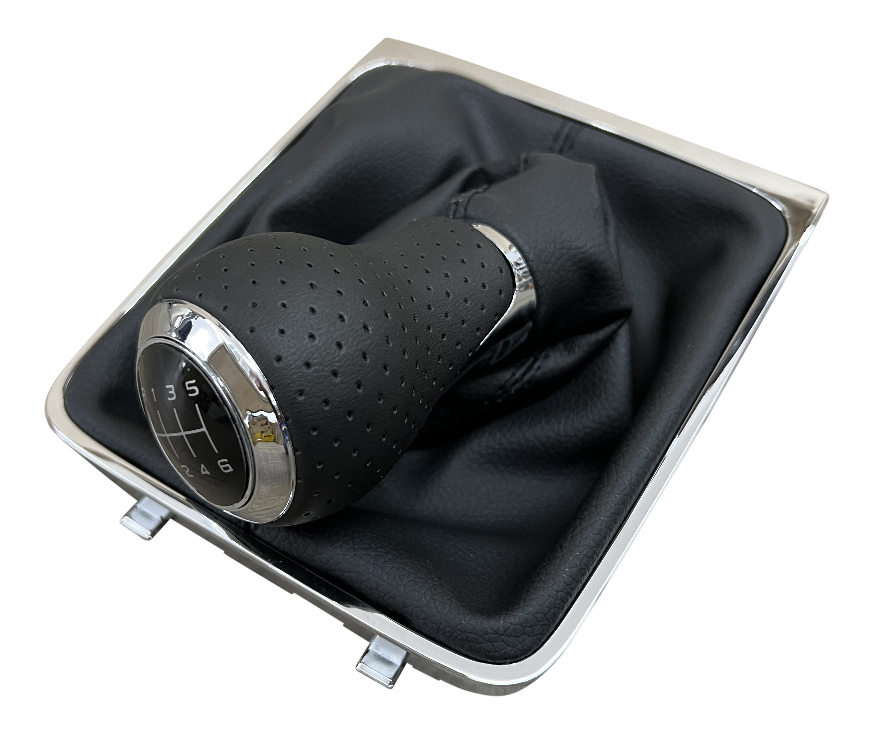 Lochleder Sport Schaltknauf Knauf + Schaltmanschette Schwarz Chrom 6-Gang für VW Passat 3C B6